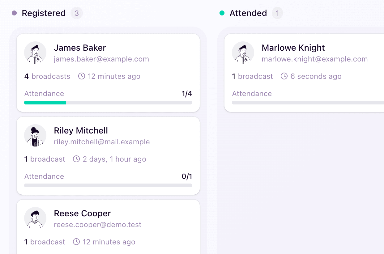 HeyStream CRM — track registered and attended contacts with a visual board